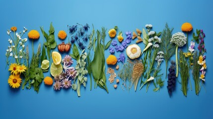 Herbal alternative medicine ingredients and holistic approach on blue background Herbs and flowers for tea Top view copy space - obrazy, fototapety, plakaty