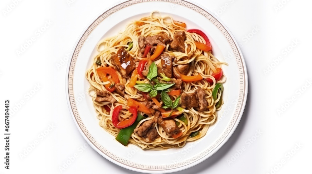Poster isolated top view of noodle plate with meat and vegetables on white background