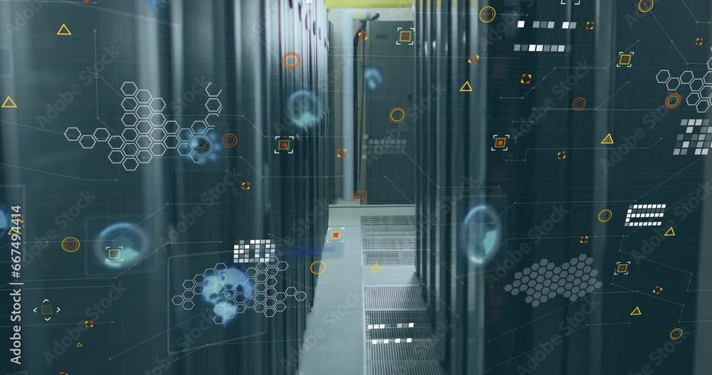 Poster animation of round scanners and data processing against computer server room