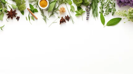 Tuinposter Natural wellness and self care expert Herbs and medicine on white background © vxnaghiyev