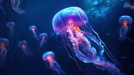 Phosphorescent jellyfish glide in the depths of the ocean Neon jellyfish in a cosmic galaxy surrounded by stars