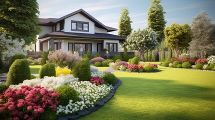 Modern garden care service with a beautiful yard featuring multicolored shrubs and bright green lawns - obrazy, fototapety, plakaty