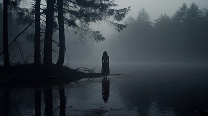 Lonely silhouette of woman amidst foggy trees by misty lake in the forest