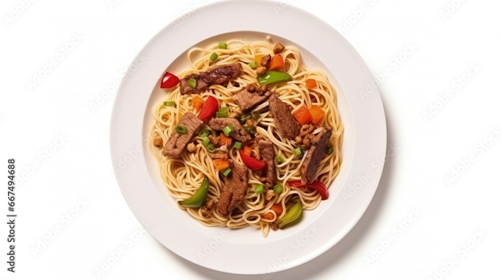 Poster isolated top view of noodle plate with meat and vegetables on white background