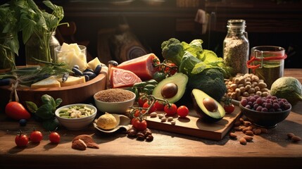 Mediterranean diet with healthy ingredients for cooking on wooden table