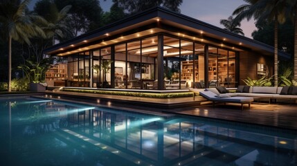 Obraz na płótnie Canvas Nighttime building featuring a pool villa with interior and exterior design