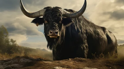 Gordijnen Large horned black bull from Spain © vxnaghiyev