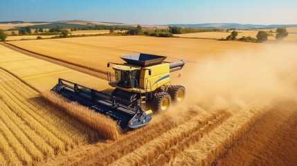Fototapeta premium Harvesters operate on a farm harvesting ripe wheat Aerial view from above