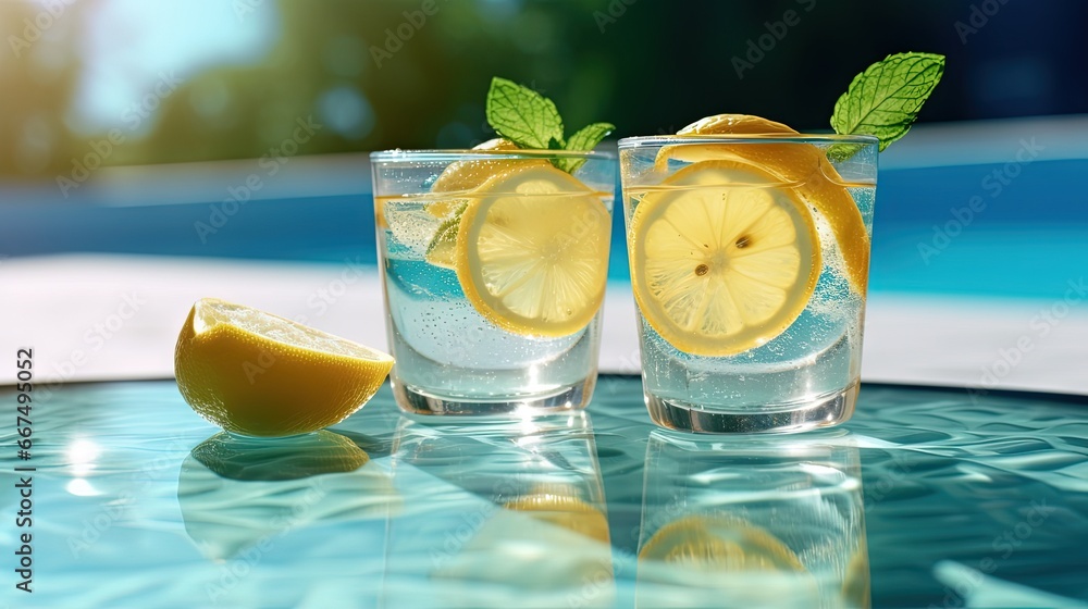 Poster homemade lemonade in glasses by a pool with blue water background vocation 2021 and summertime conce
