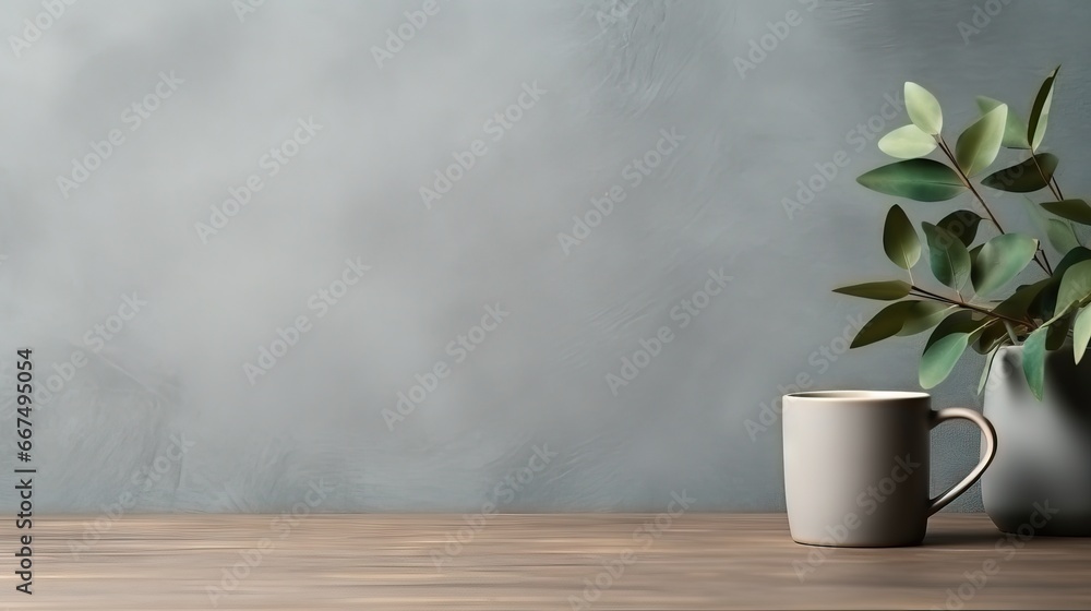 Poster minimalistic workspace with coffee notebook and eucalyptus leaves on a gray table from an aerial per