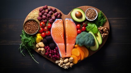 Heart shaped plate of nutritious foods for a healthy cardiovascular system