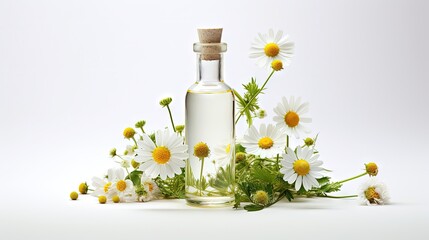 Homeopathic bottle with wildflowers Alternative medicine concept Flat layout Copy space