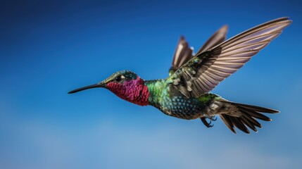Male Anna s Hummingbird hovers while feeding in Santa Cruz California
