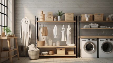 A laundry room, designed for functionality, with organized shelving, a folding area, and vintage laundry signs.