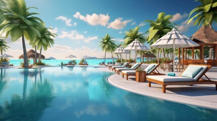 Luxurious beach resort with swimming pool beach chairs palm trees and blue sky Summer vacation concept - obrazy, fototapety, plakaty