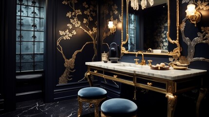 A luxurious powder room, with gold fixtures, a velvet-upholstered bench, and ornate mirror.