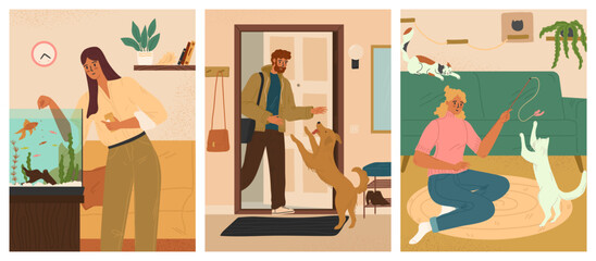 People and pets at home vector scene set