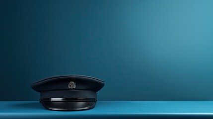 Navy blue police hat on navy blue background with space for text