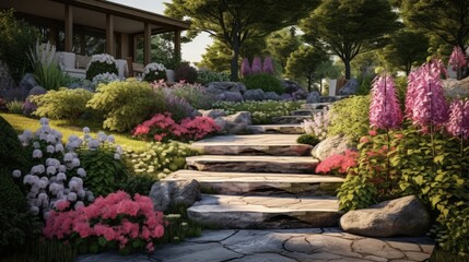Landscaping with stone elements in home garden including steps and flowerbeds