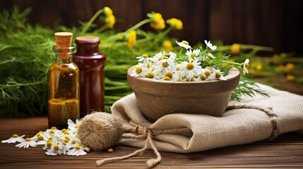 Herbal medicine with chamomile and essential oil in hessian bags on a wooden table