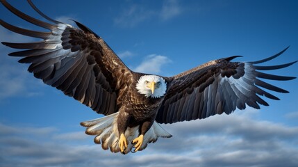 A majestic eagle soaring against a clear blue sky, wings fully outstretched.