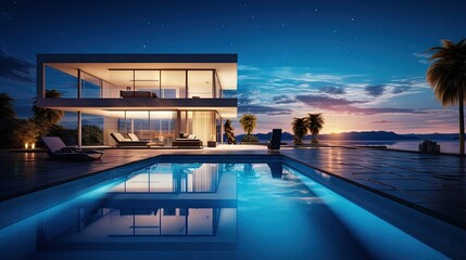 Fototapeta premium Modern house exterior with illuminated swimming pool against the sky