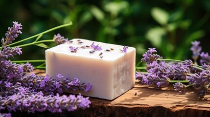 Herbal cosmetics made from lavender plants with a lavender flower field backdrop