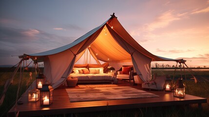 Luxurious outdoor tent with cozy lighting for summertime glamping experience
