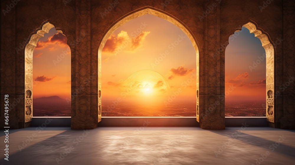 Wall mural indian temple silhouette at striking sunset sky empty space for text