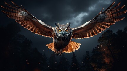 Nocturnal owl flying