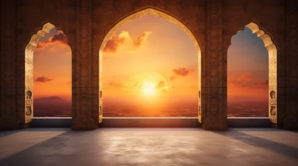 Fotobehang Bedehuis Indian temple silhouette at striking sunset sky Empty space for text