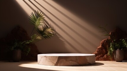 Luxury granite podium for displaying beauty and spa cosmetics against a brown wall with plant...