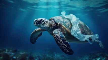 Hawksbill turtle surrounded by plastic bags symbolizes global issue of ocean pollution