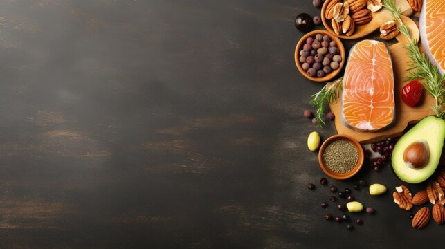 Healthy sources of unsaturated fat and omega 3 include fresh raw salmon avocado olives nuts Good for nutrition and keto diet Space for text