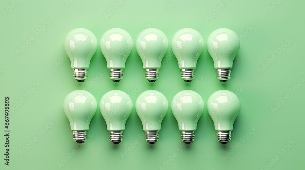 Poster minimal concept green pantone light bulbs with unique glow on pastel background