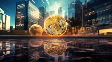 Holographic Bitcoin symbol over LA buildings Mining and blockchain concept