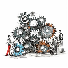 Cartoon drawing of a group of gears, representing teamwork in a startup. AI generated