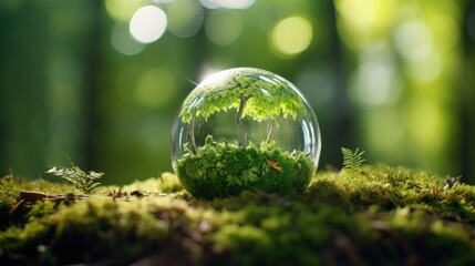 Nature conservation concept with glass sphere on moss
