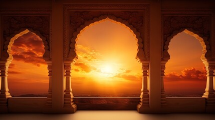Indian temple silhouette at striking sunset sky Empty space for text