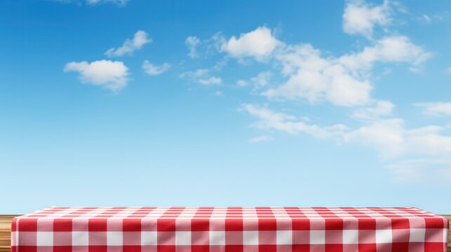 Italian culinary layout empty surface with red checkered fabric on blue sky backdrop with room for text