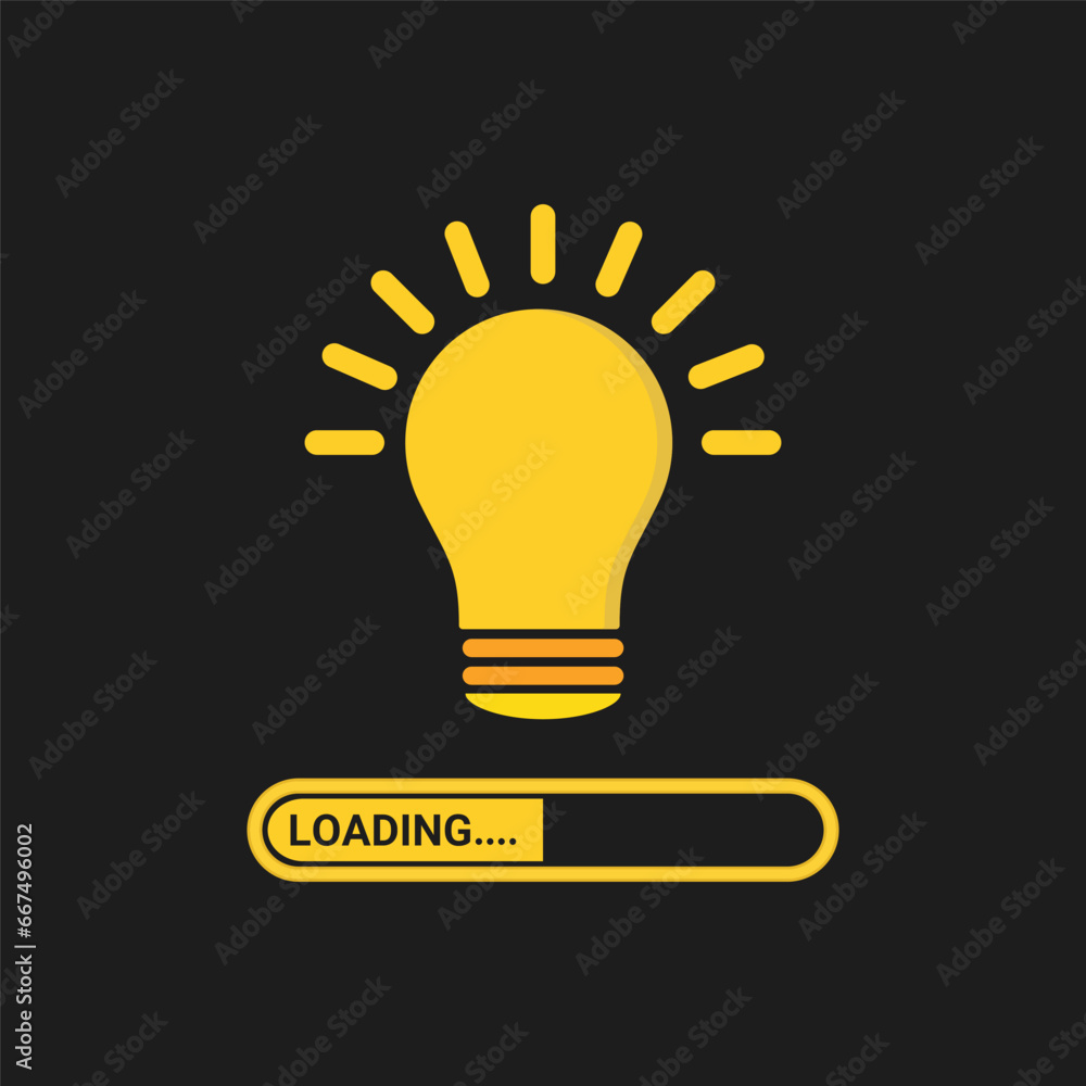 Poster loading creative idea concept. progress loading bar. yellow lightbulb icon on black background. vect