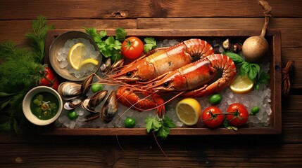 Old tray with seafood on wooden background - obrazy, fototapety, plakaty