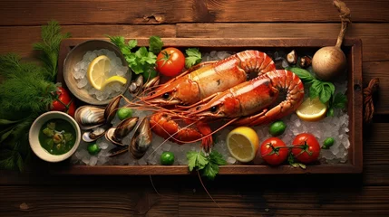 Foto op Plexiglas Old tray with seafood on wooden background © vxnaghiyev