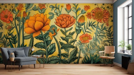 Indian Folk Art Wallpaper with Vintage Marigold Flower Painting for Indian themed Home Decor
