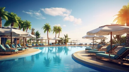 Obraz premium Luxurious beach resort with swimming pool beach chairs palm trees and blue sky Summer vacation concept