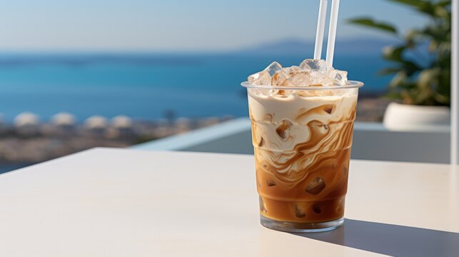 Iced Greek coffee known as freddo cappuccino viewed closely with a straw in Ios Greece