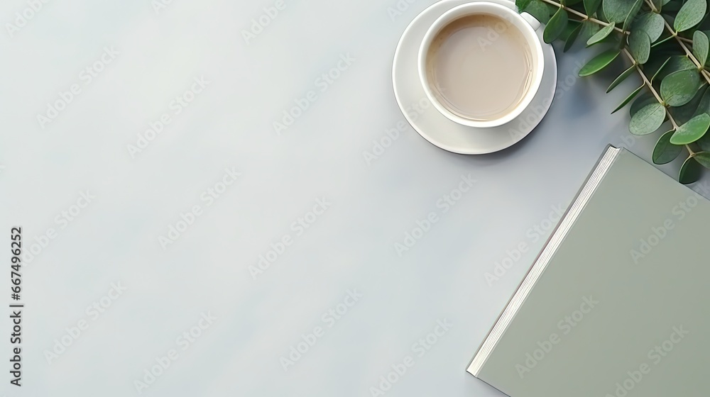 Aufkleber Minimalistic workspace with coffee notebook and eucalyptus leaves on a gray table from an aerial perspective