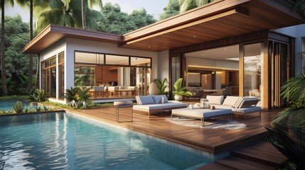 Fototapeta premium Modern house with pool villa and pool view featuring a daybed on the wooden deck along with a living room kitchen and dining room