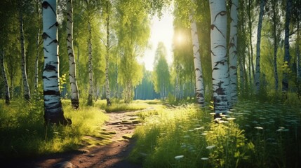 Nature and eco tourism in a Siberian forest with green birch trees in Koltsovo Novosibirsk Russia - obrazy, fototapety, plakaty