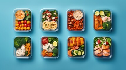 Organic meal delivery emphasizing health and fitness shown in blue with copy space - obrazy, fototapety, plakaty